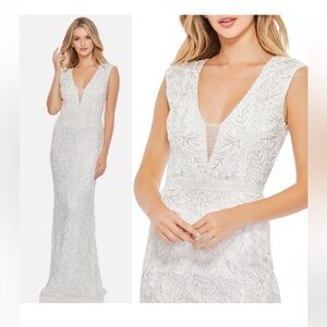 Mac Duggal WHITE Beaded Leaf Pattern Column Gown